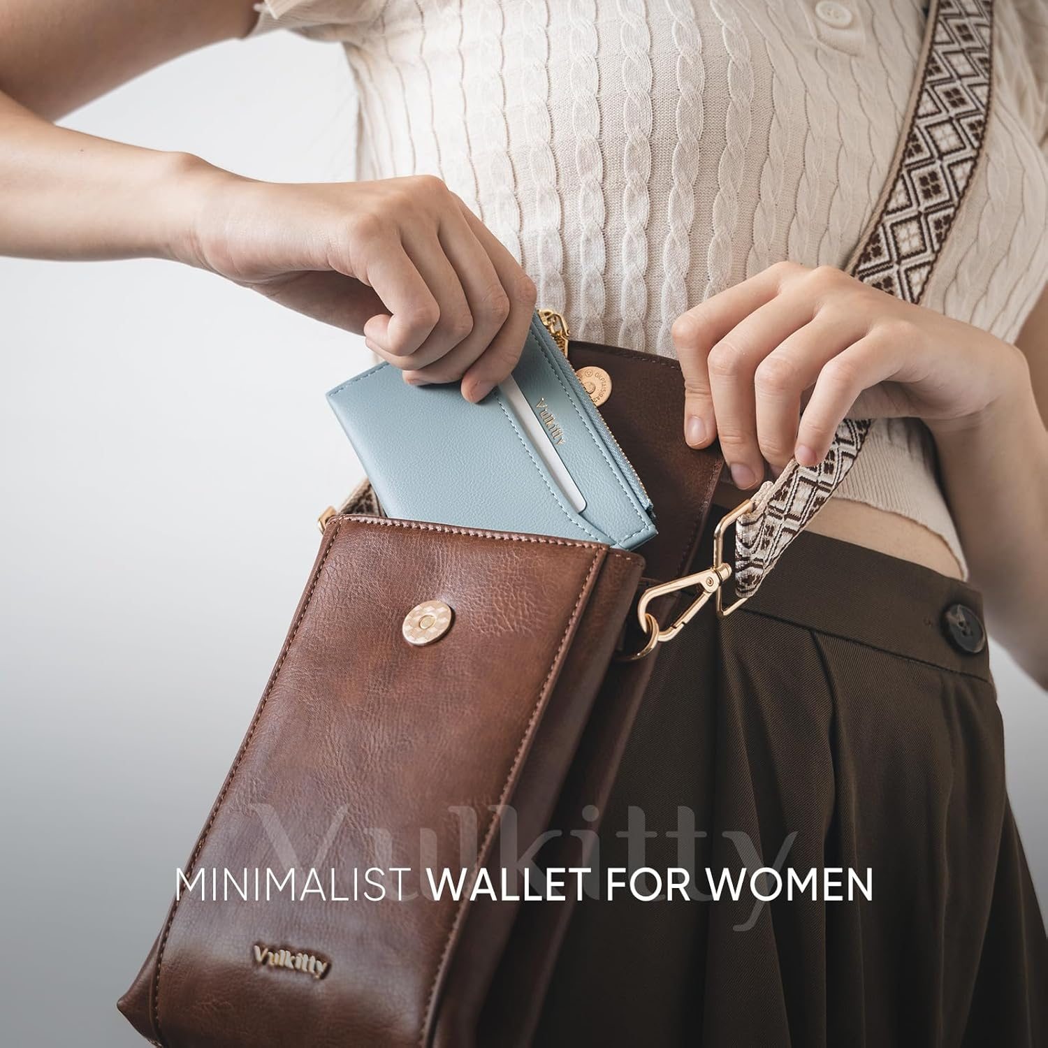 Vulkitty Slim Card Holder for Womem with Keychain and ID Window, Minimalist Wallet RFID Protected for Cards, Bills, Keys and Coins, Blue - Blue image number 4