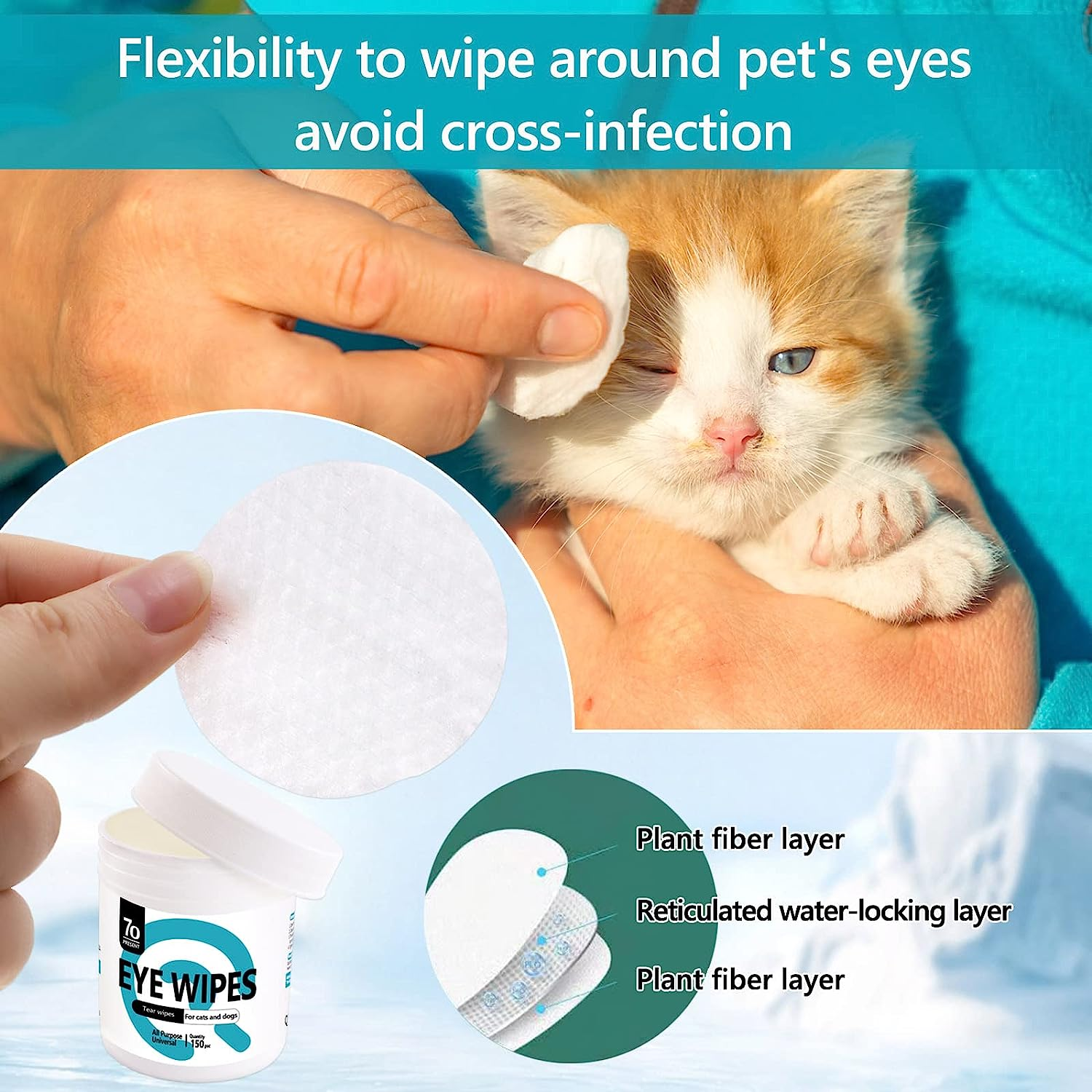 Pet Eyes Wipes, 150 Pcs Universal Cat & Dog Grooming Wipes, Natural and Safe for Removing Dirt Crust and Discharge, Hypoallergenic for Eye, Ear, Nose image number 3