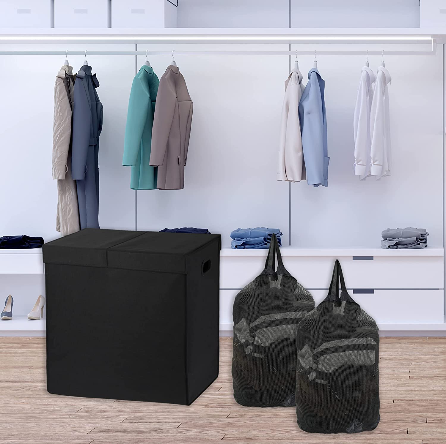 Simple Houseware 110L Double Laundry Hamper with Lid, Handle and Removable Laundry Bags, Black image number 3