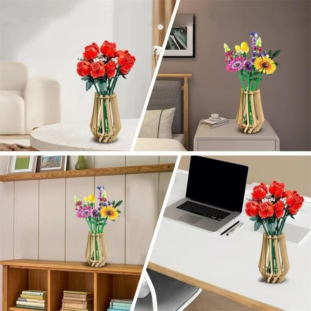 1Pc Wooden Puzzle Flower Vase, Building Block Design Flowers Wooden Puzzle Vase, Decorative Bouquet Stand, Puzzle Flower Stand Showcase Bouquets image number 3