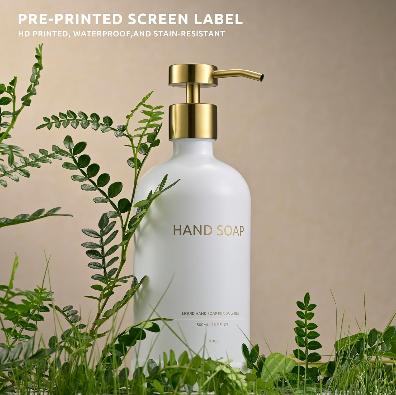 Glass Soap Dispenser Set by Janxin,Bathroom Soap Dispenser Set with Ceramic Tray,Luxury Bathroom Accessories,Modern Kitchen Decor (White+Gold(Hand Soap)) image number 5