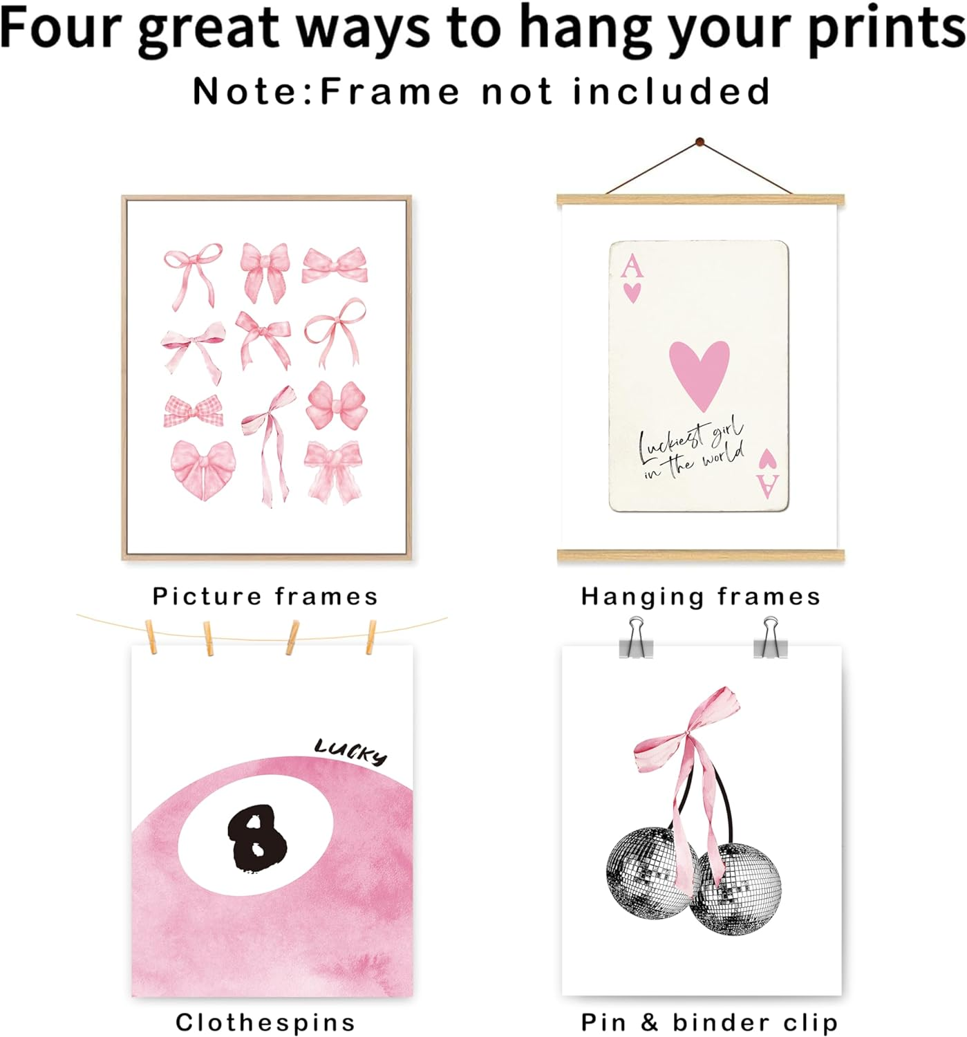 Okaxscm Pink Coquette Trendy Preppy Wall Art Prints Set of 4, Coquette Room Decor, Preppy Room Decor Aesthetic, Pink Bow Disco 8 Ball Cherry Wall Decor Posters for Girls Bedroom Dorm, 8X10 Unframed image number 2