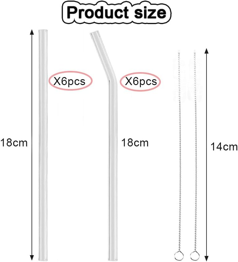 WADY 14 Pcs Borosilicate Glass Straws Set - 7" X8Mm (6 Straight & 6 Bent) with 2 Brushes, Reusable Drinking Straws for Juice/Coffee/Cocktails, Heat-Resistant & Eco Friendly image number 6