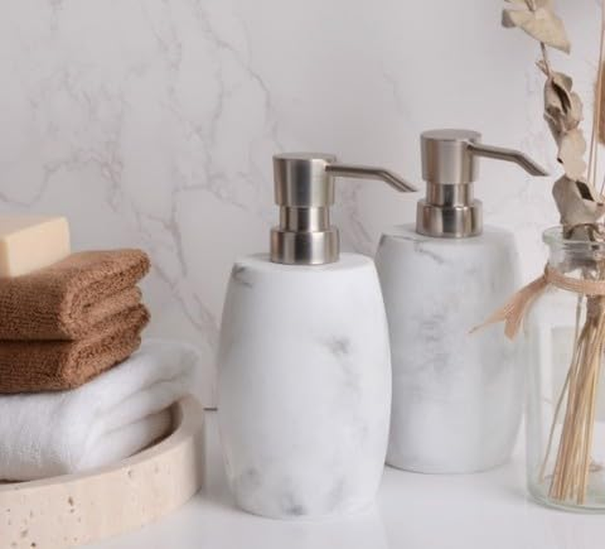 Sandstone Soap Dispenser, 350 Ml Resin Refillable Bottle with Metallic Pump & Waterproof Labels &ndash; White Marble, 2-Pack for Bathroom, Kitchen, Hand Wash & Dish Soap - White_2 Pcs image number 5