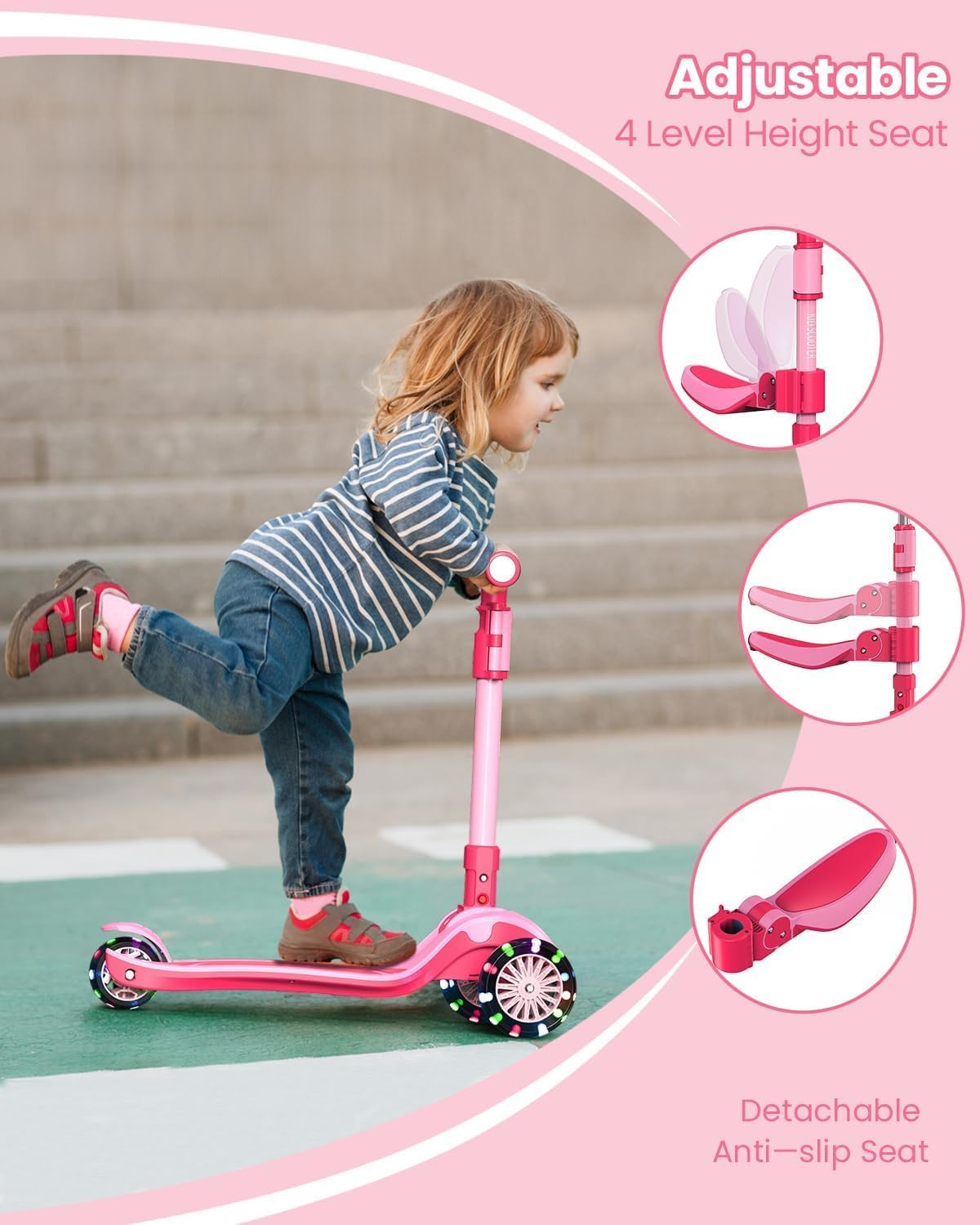 2-In-1 Adjustable Kick Scooter for Kids 3-12 Years,5-Level Handlebar & Removable Seat,Led Light-Up Wheels,Steering Control & Wide Deck,Foldable Design for Indoor/Outdoor Use, (Girls & Boys) image number 4