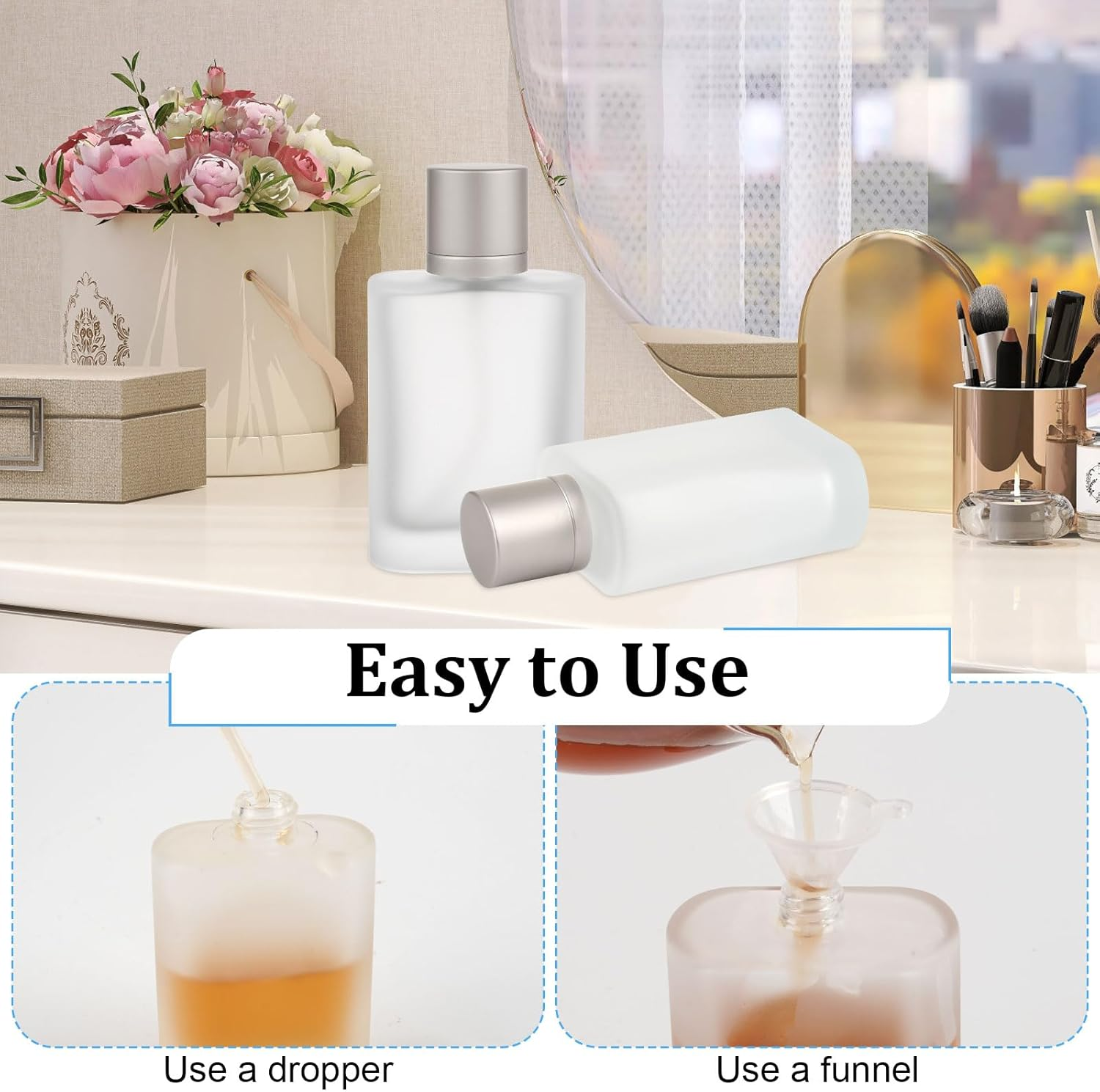 Pack of 2 Empty Perfume Bottles, 100 Ml, Perfume Bottle for Filling, Matte Perfume Atomiser, Spray Bottle, Perfume Refillable with Dropper, Funnels, Perfume Glass Bottles for Travel Party (Grey) image number 2