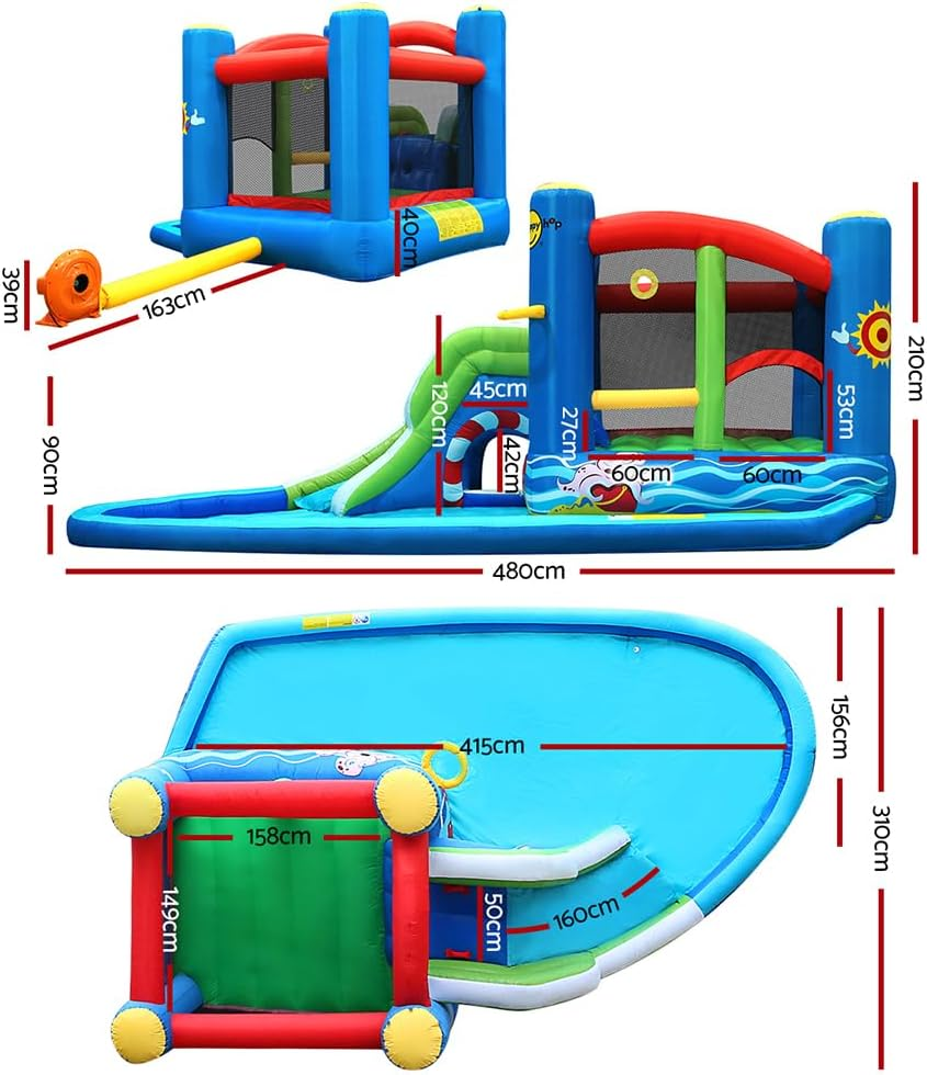 Happy Hop Jumping Castle, Inflatable Pool Water Slide Kids Bouncy Castles Waters Park Play Waterslide Toddler Baby Toys Outdoor Playing Centre, with Carry Bag Repair Kit Multicoloured image number 1