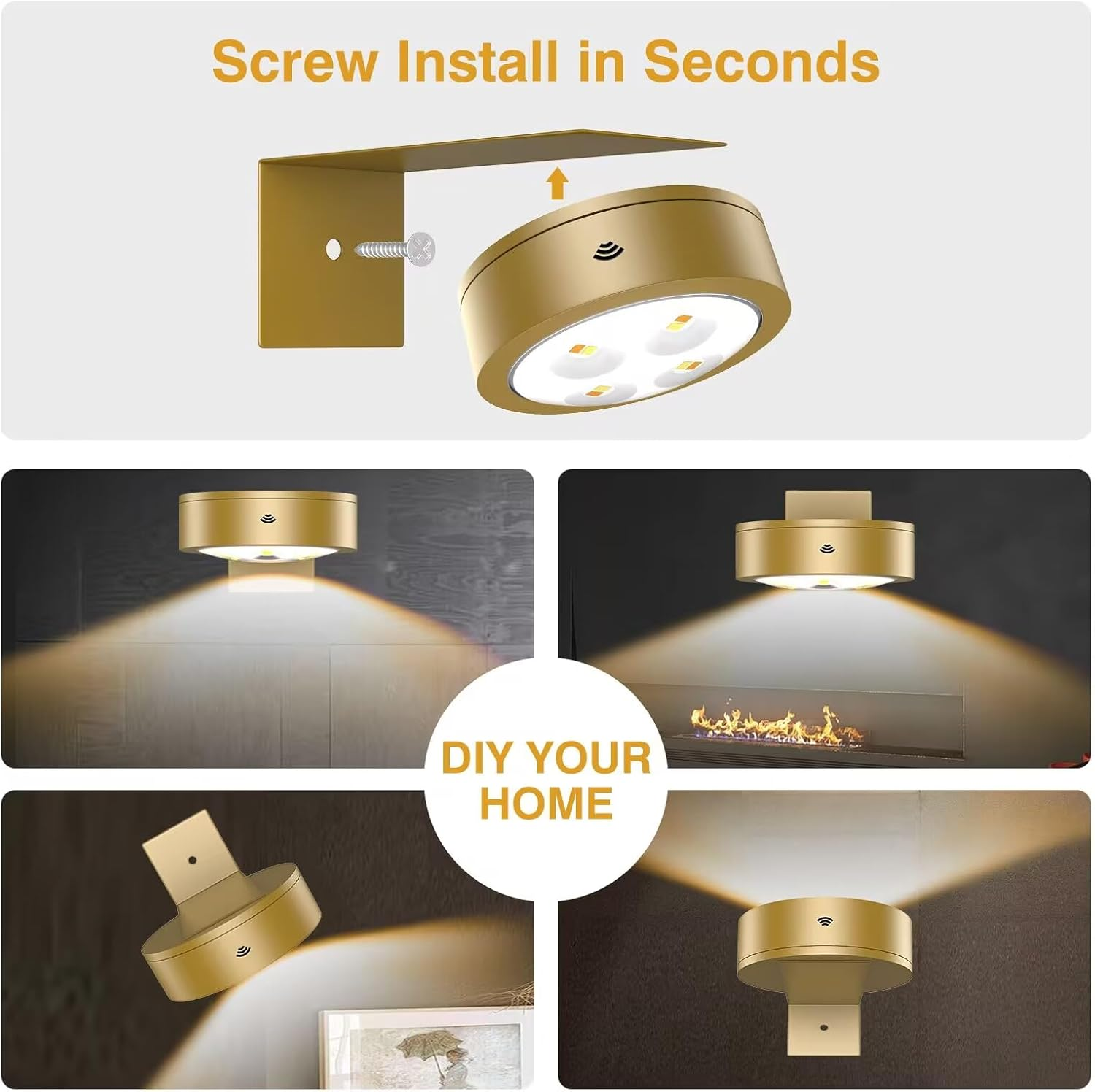 EUIOKUN 3Pack Wireless Picture Light,Battery Operated Painting Light with Remote,Magnetic Timer Display Art Lamp for Wall,Dimmable Picture Frame Light for Frame Artwork,Wall Decor Puck Lights-Gold image number 1