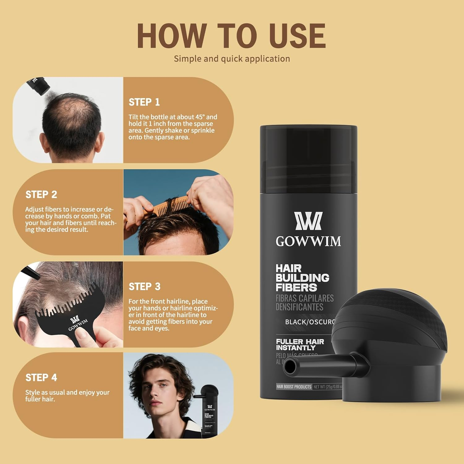 Gowwim Hair Thickening Fibers Best 2-In-1 Kit Set,Keratin Hair Building Fibers & Spray Application Atomizador Pump Nozzle & Hair Fiber Lock Hold Spray,Instantly Cover Sparse Hair Areas (Mid Brown) - Light Brown image number 5