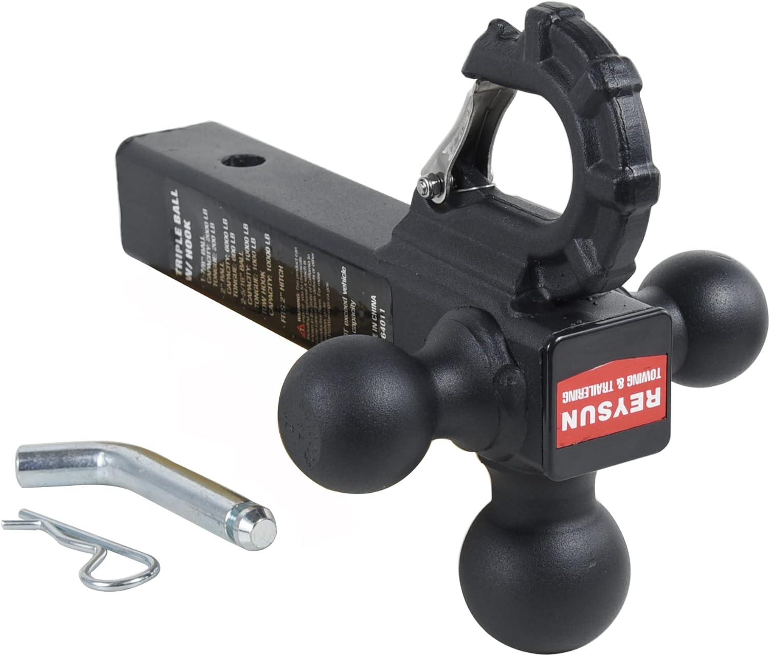 REYSUN Trailer Hitch Tri Ball Mount with Hook, Tactical Tow Hook, Fits 2 Inch Hitch Receiver, Secure with Self-Lock Latch, Matt Black image number 4