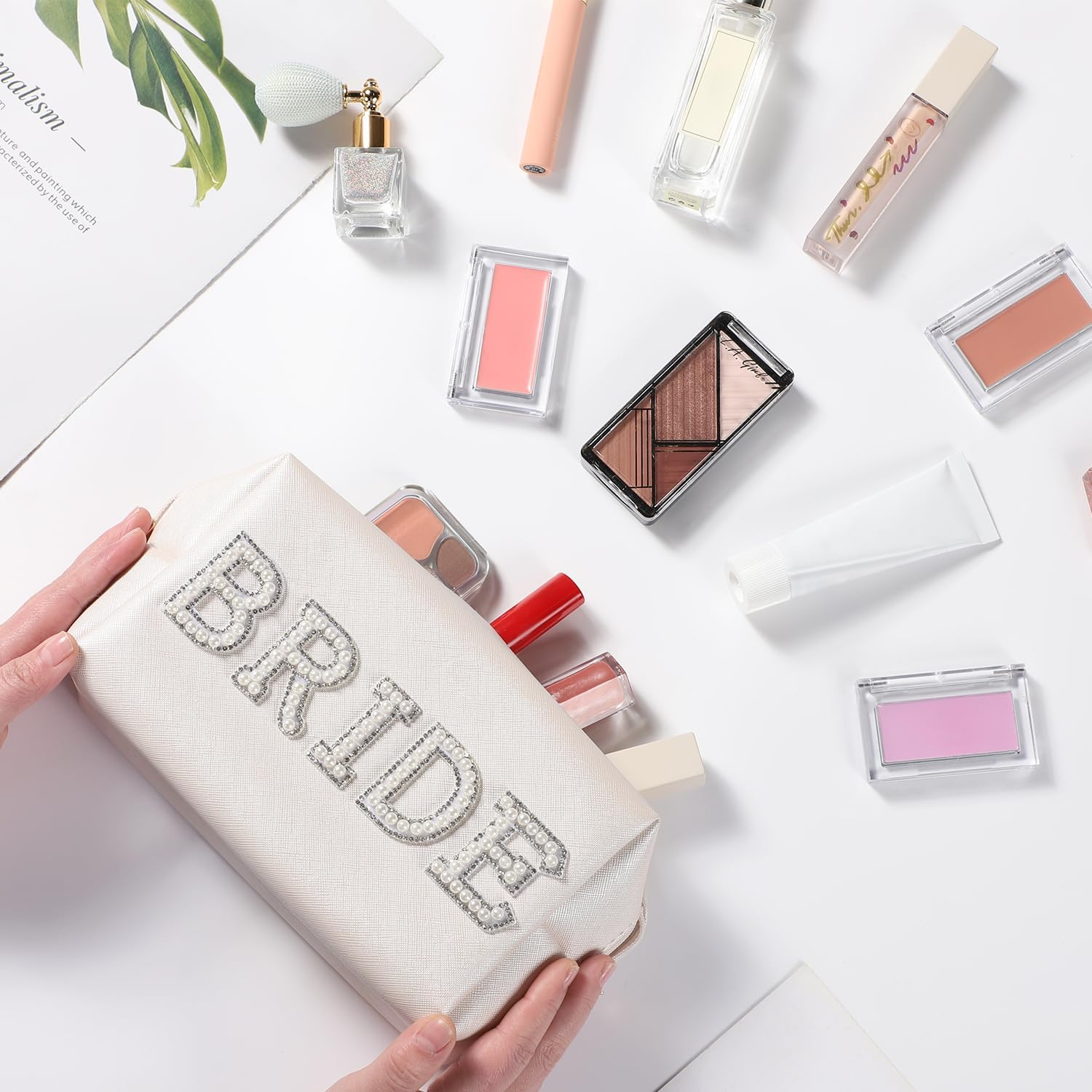 Etercycle Bride Letter Makeup Bag, Bride to Be Gifts Bling Pearl Rhinestone Patch Cosmetic Bag, Waterproof PU Travel Toiletry Bag for Bachelorette Party Wedding Bridal, Silver image number 3