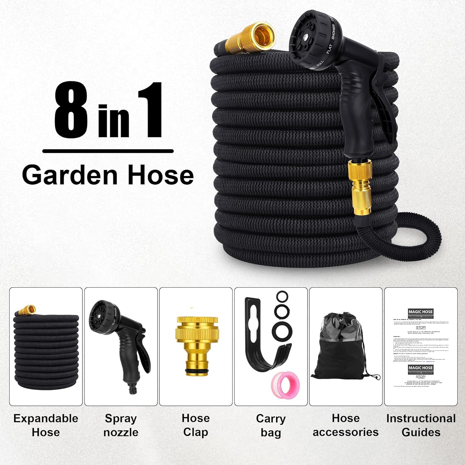 Expandable Garden Hose 75FT - Flexible Water Hose with 8-Mode Spray Gun, Solid Brass Connectors, Double Latex Core, Ideal for Car Wash & Garden image number 2