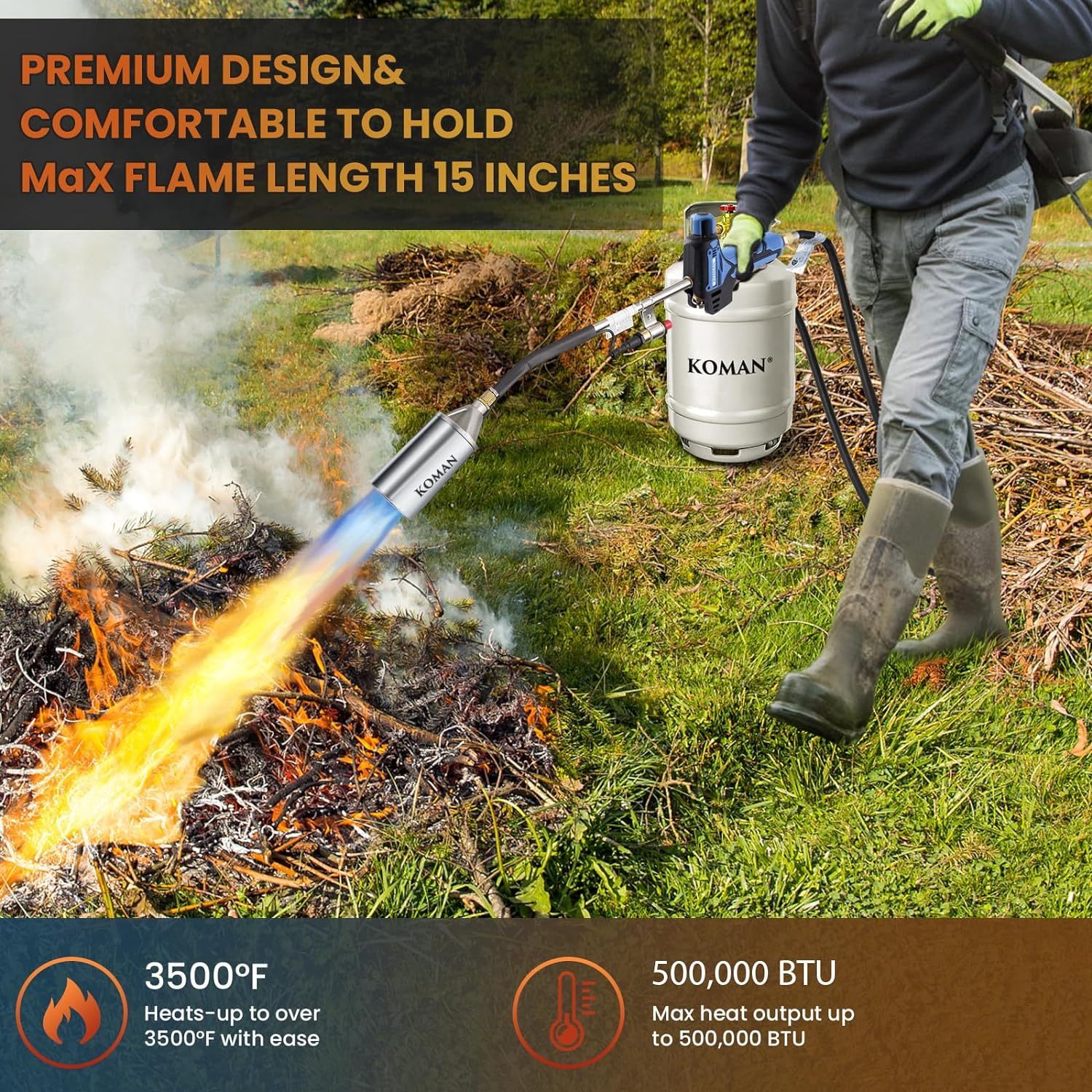 KOMAN Propane Torch Weed Burner,Weed Burner Torch Flamethrower with 9.8 FT Hose,Blow Torch 500,000 BTU, Self Igniting Flame Weeder for Weeding,Roof Asphalt,Ice Snow,Road Marking image number 3
