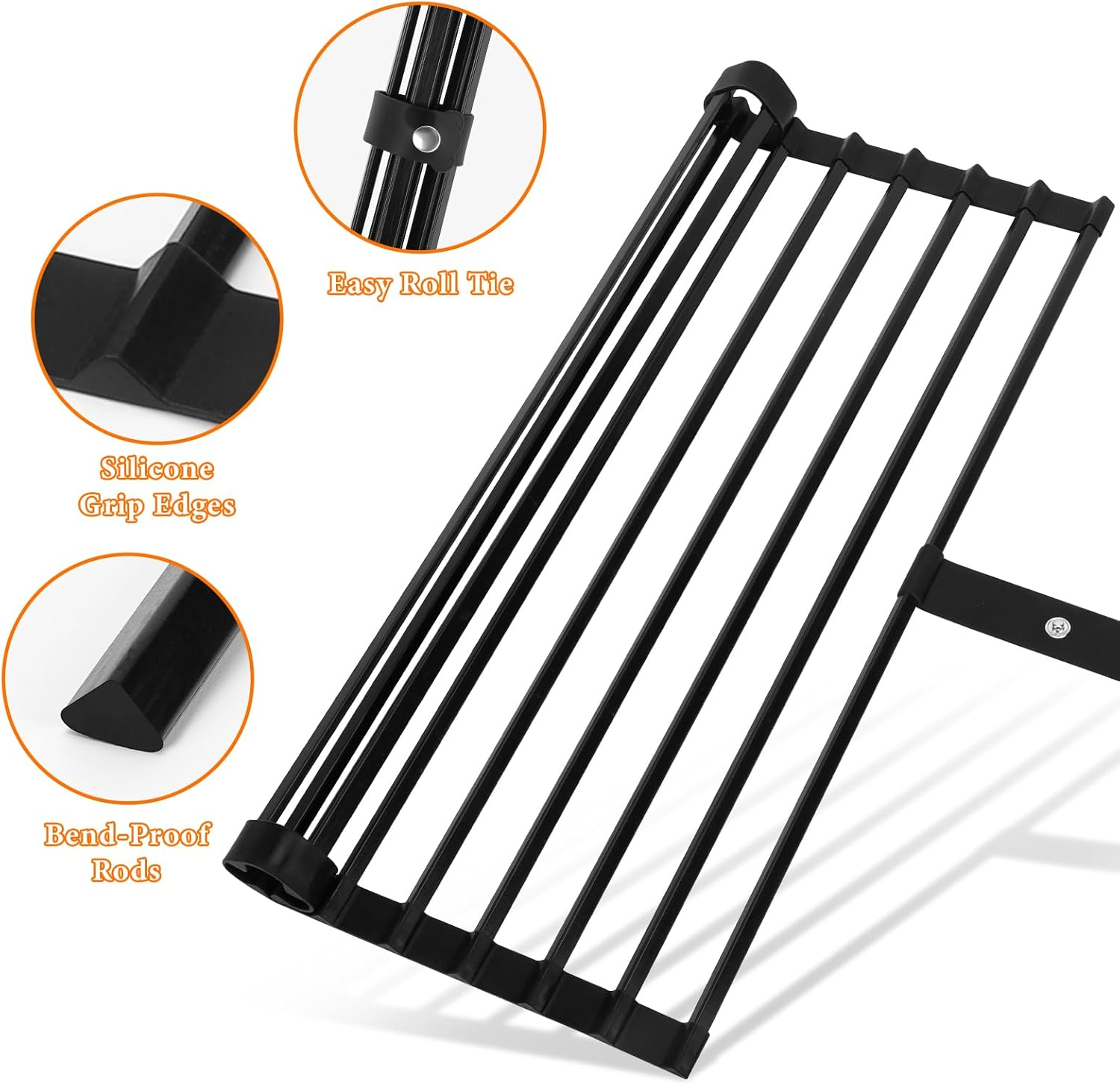 Euqvunn Roll Dish, Large Foldable Sink Drainer Mat Rack with Anti-Slip Silicone Edges and Strap, for Drying Plates, Bowls, Cups, 51X32Cm, Black image number 4