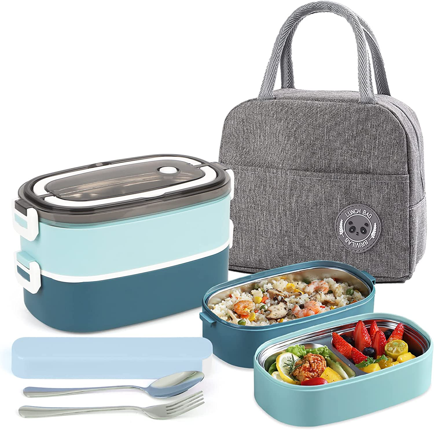 2 Tier Bento Box Lunch Box for Adults and Kids, Leakproof Bento Lunch Box with 3 Compartments and Cutlery (Spoon & Fork), Portable Adult Lunch Box with Lunch Bag for Work Office School image number 6