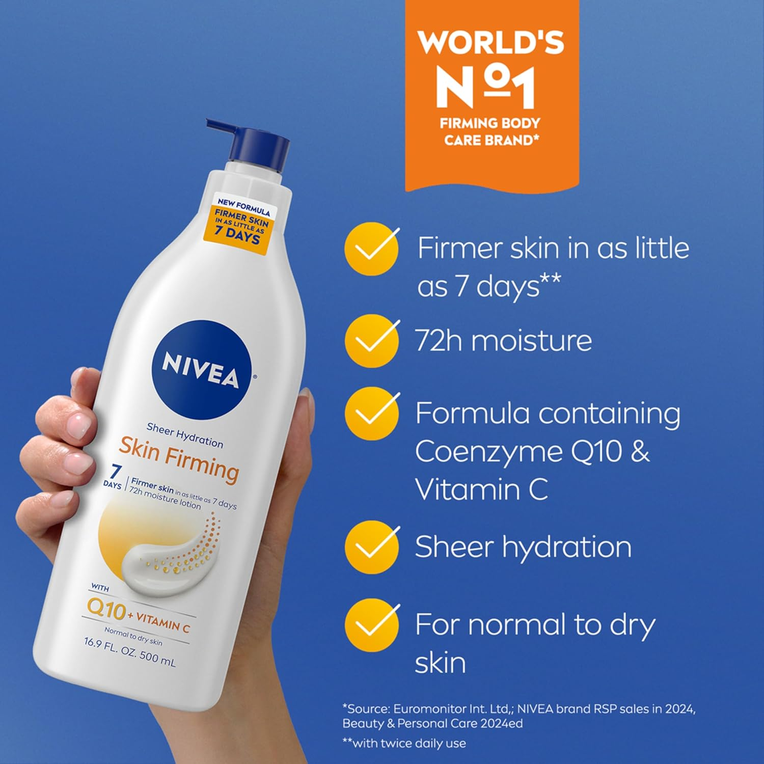 NIVEA Sheer Hydration Skin Firming Body Lotion with Q10 and Vitamin C, 72-Hour Body Moisturizer for Normal to Dry Skin, 16.9 Fl Oz Pump Bottle, Pack of 3 image number 2
