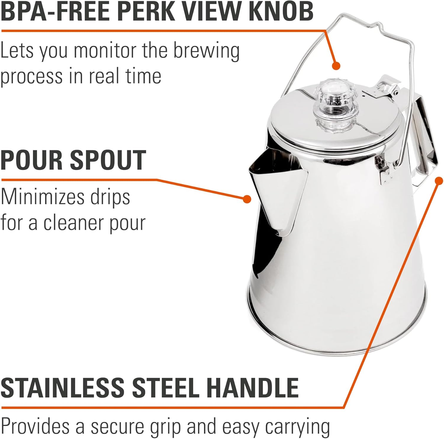 GSI Outdoors Percolator Coffee Pot I Glacier Stainless Steel Ultra-Rugged for Brewing Coffee over Stove and Fire | Ideal for Group Camping, 14 Cup