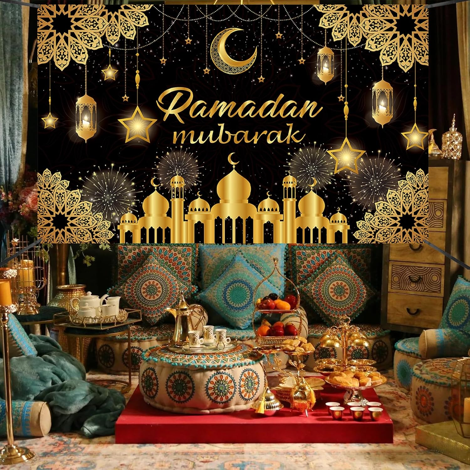 Ramadan Mubarak Banner 2025, Extra Large Fabric Eid Kareem Backdrop for Decorations, 72 X 44 Inch Star Moon Lanterns Castles Photo Booth Background for Islamic Muslim Al-Fitr Party Supplies image number 3