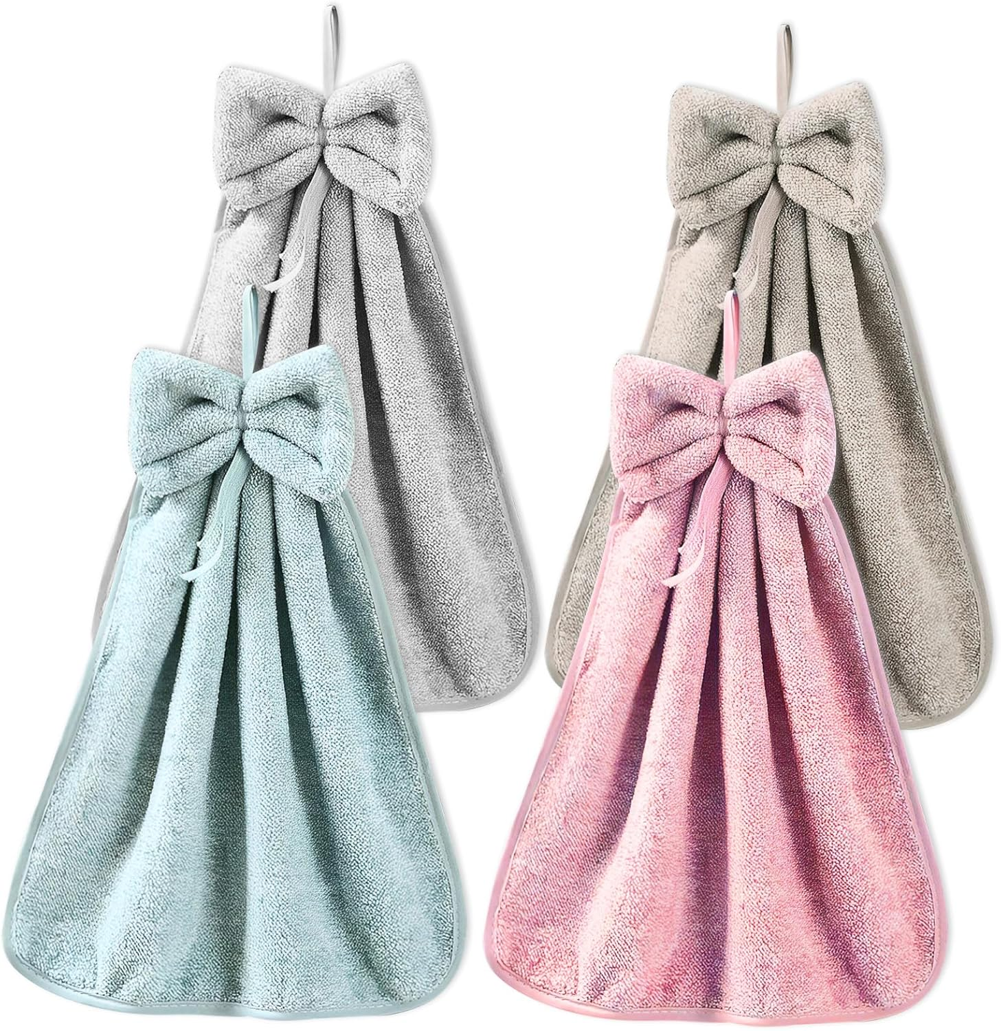 BOJVESH 4Pcs Bowknot Hanging Hand Dry Towels, Microfiber Coral Velvet Hand Towels Hanging Loop, Absorbent Super Soft Cute Hand Towels for Kitchen Bathroom Kids Adults&hellip;