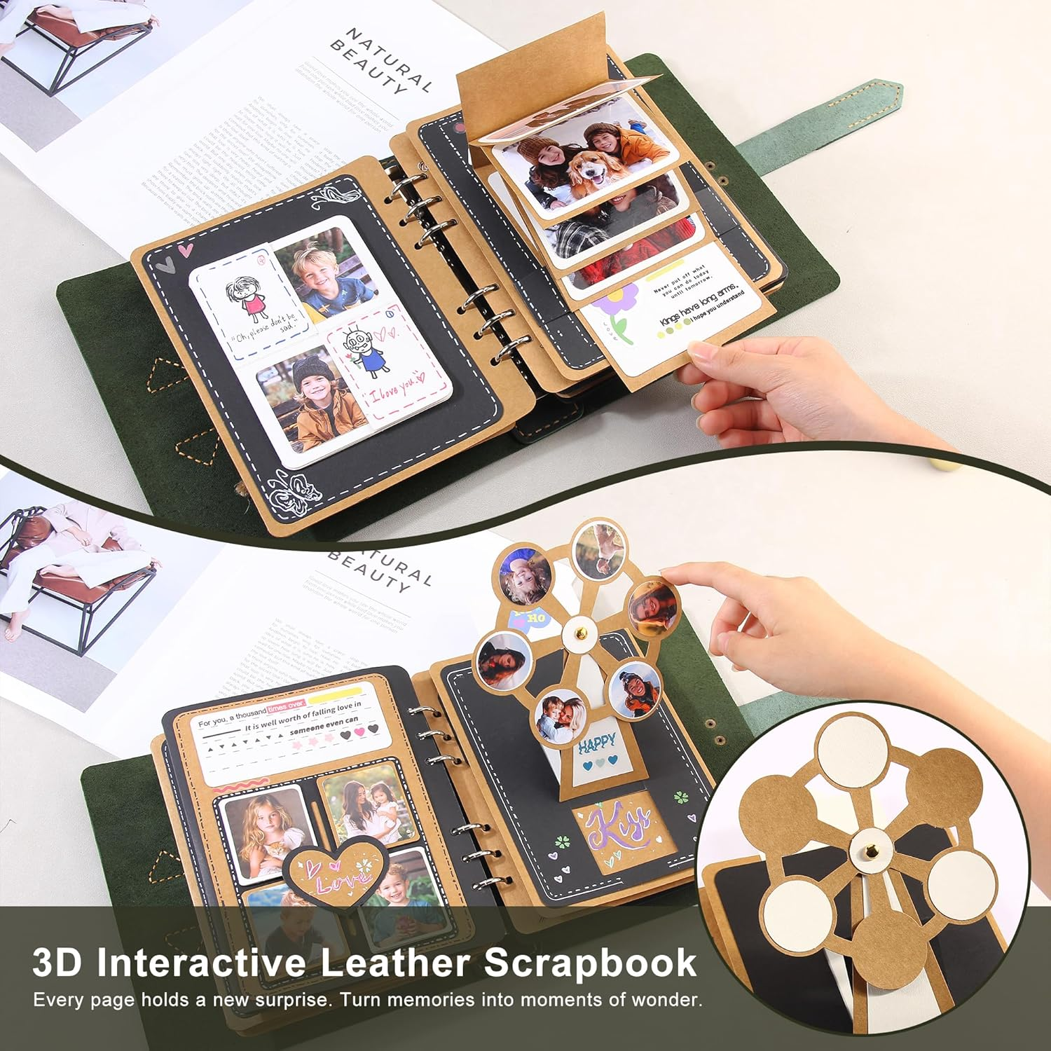 Handmade Genuine Leather Scrapbook Photo Album &ndash; DIY 3D Interactive Memory Book for Wedding, Baby, Family Photos (Travel, Anniversary, Birthday Gift)- Green image number 1