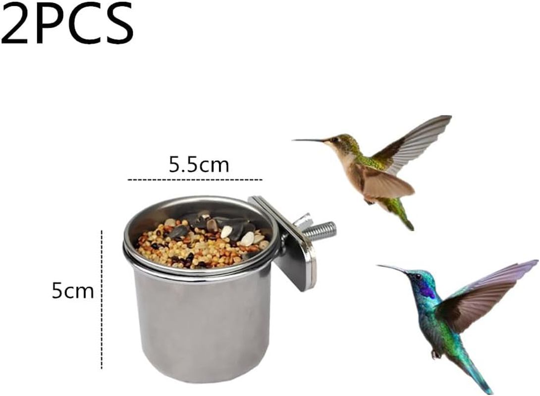 Bird Feeding Cups, Wanfoou 2 PCS Detachable Parrot Feeder, Stainless Steel Bird Feeding Dish Cups, Parrot Cage Food Water Feeder Bowls Cage Coop with Clamp Holder(5.5 * 5 Cm)
