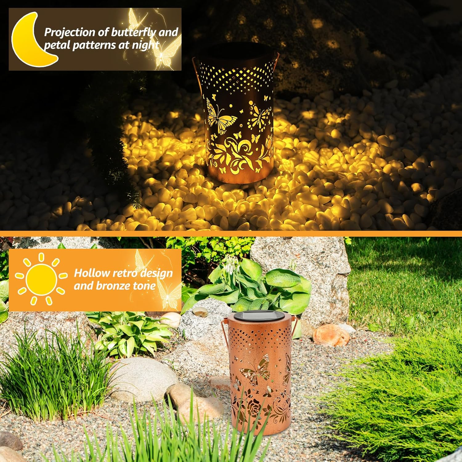 2Pcs Solar Lanterns, Outdoor Waterproof Hanging Solar Lights, Butterfly Hanging Lights, Birthday Gifts for Women Mom Grandma, Butterfly Garden Lanterns for Garden Yard Patio Porch (Style1) - Style1 image number 2