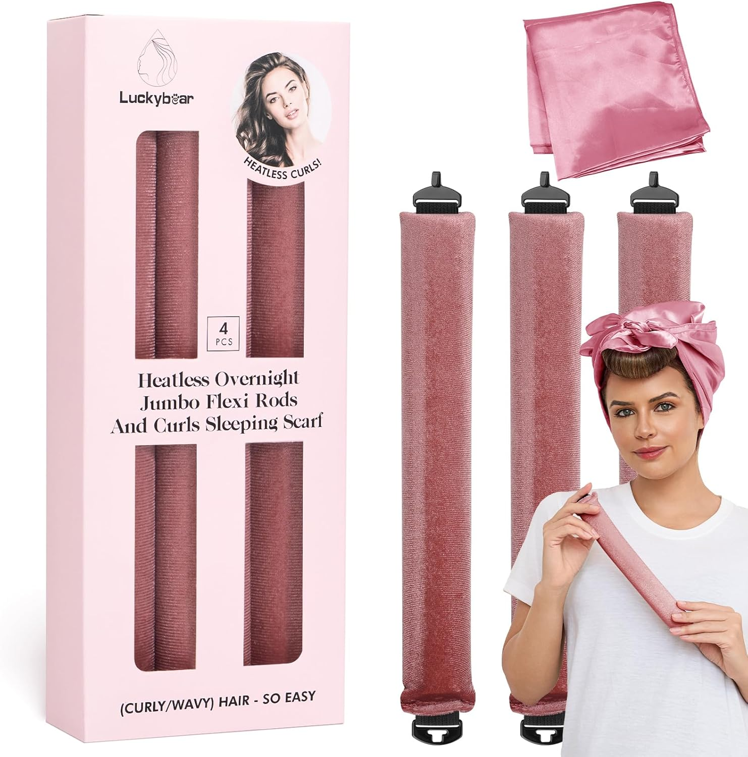 Heatless Curls Overnight Rods Jumbo Set, Heatless Hair Curler Velvet Satin Jumbo Flexi Rods to Sleep In, No Heat Overnight Sleeping Blowout Curls Wave Styling Tools with Silk Scarf 4Pcs Dark Pink