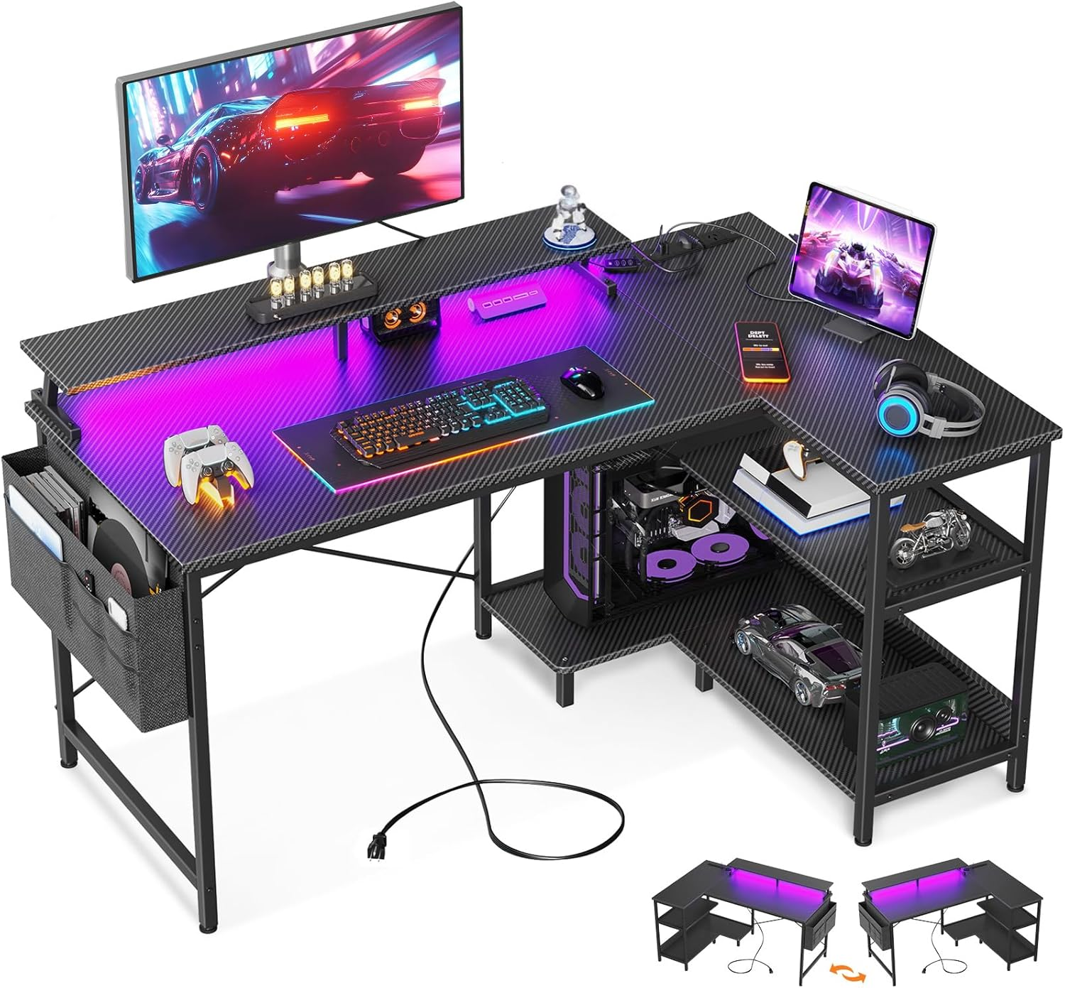 ODK Gaming Desk with Power Outlet&10 Color LED Light Strip, 120 * 80 * 87.7Cm, L Shaped Desk with Storage Bag and 2 Shelves, Computer Table with Monitor Stand, Carbon Black Fiber