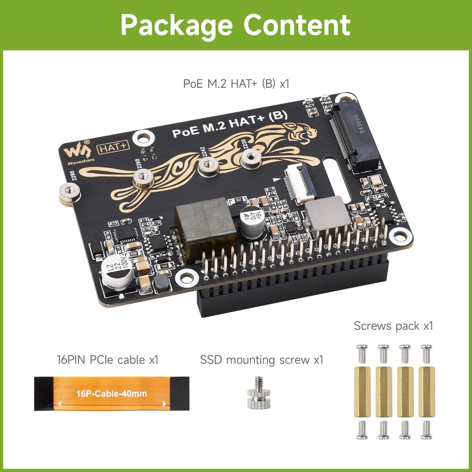 Waveshare Pcie to M.2 Adapter with Poe NVME Function (B), Compatible with Raspberry Pi 5, Supports 2230/2242 / 2260/2280 POE Nvme Protocol M.2 Solid State Drive, High-Speed Reading/Writing image number 2