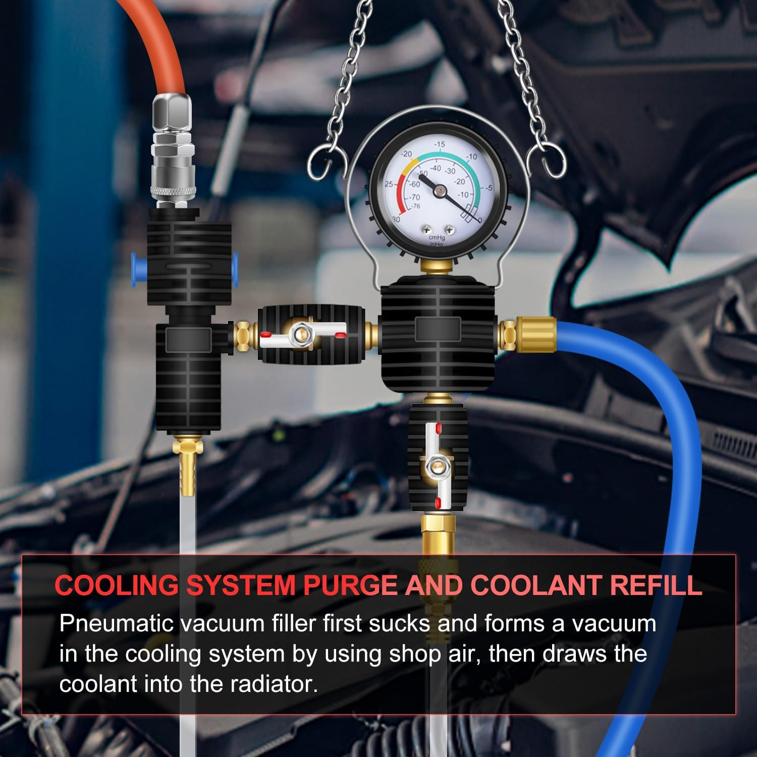 JIFETOR Radiator Coolant Pressure Tester Vacuum Refill Tool Kit, 28PCS Automotive Cooling System Leak Test and Pneumatic Purge Fill Set with Testing Adapter Caps Universal for Airlift Car Auto Truck - Black Case image number 6