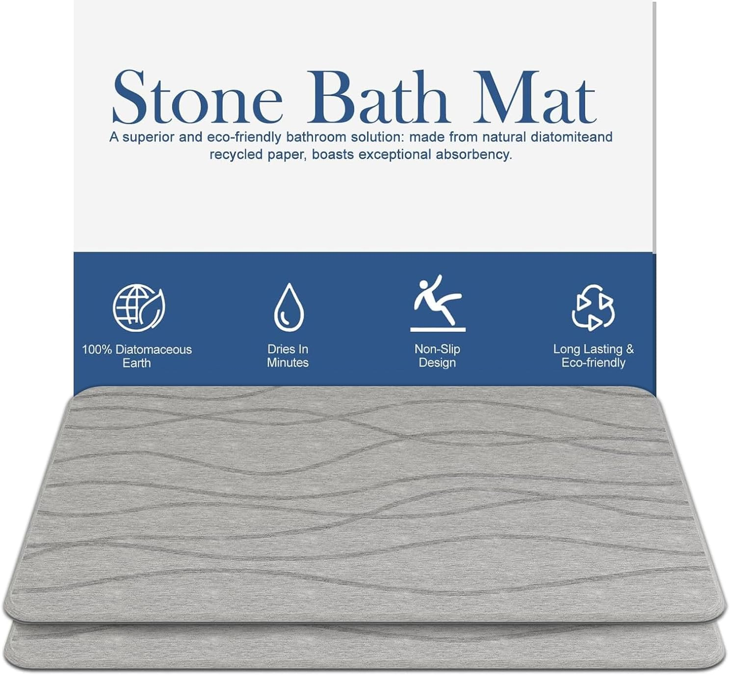 DAWNTREES 2 Pack Stone Bath Mat, Diatomaceous Earth Shower Mat, Non-Slip Super Absorbent Quick Drying Bathroom Floor Mat, Natural, Easy to Clean image number 2