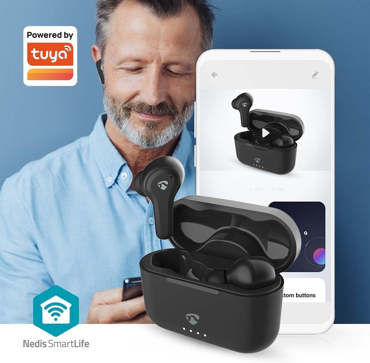 Nedis Fully Wireless Headphones - Hybrid (ENC + ANC) - Bluetooth - Max. Battery Playtime: 36 Hours - Touch Control - Charging Case - Wireless Charging Case - Built-In Microphone image number 4