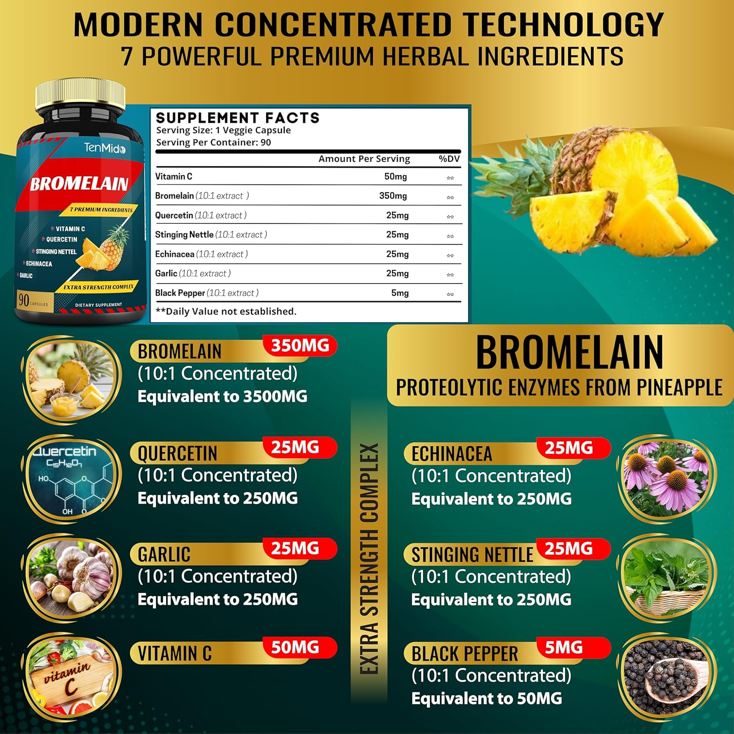 Bromelain Capsules 4600Mg, Proteolytic Enzymes & Vitaminc, Quercetin, Echinacea, Garlic, Pepper | Supports Digestion, Joints Comfort, Gut Health | Anti-Inflammatory, Nutrient Absorption, 90Caps image number 1