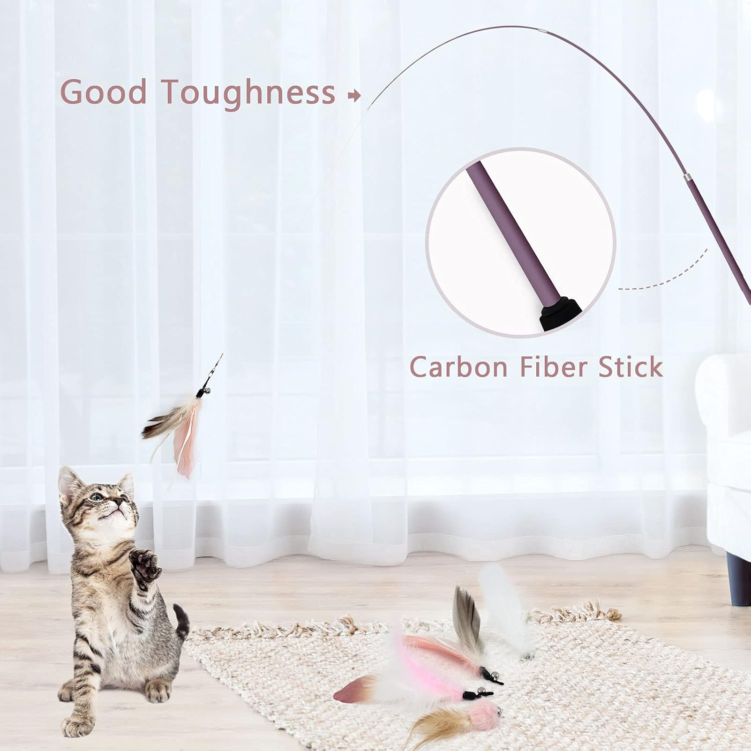 SONGWAY Interactive Cat Toy Feather - Cat Toy Set with Retractable Rods, Feather Rod Cat Toy with 6 Pieces Replacement Feathers with Bells, Feather Rod Cats, Pink image number 3