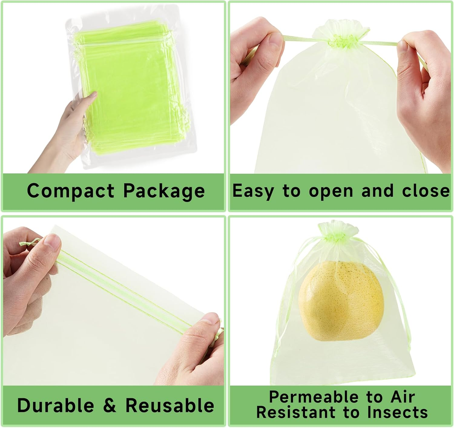 Smilelucky 100PCS Fruit Protection Bags with Drawstring, 15X20Cm Green Organza Produce Bags for Fruit Trees, Mesh Netting for Garden Protection image number 4