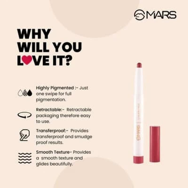MARS Retractable Poppins Long Lasting Lip Crayon | Matte Finish | Smudge Proof & Kiss Proof Crayon Lipstick for Women (1.3 Gm) (07-COFFEE BROWN) image number 4