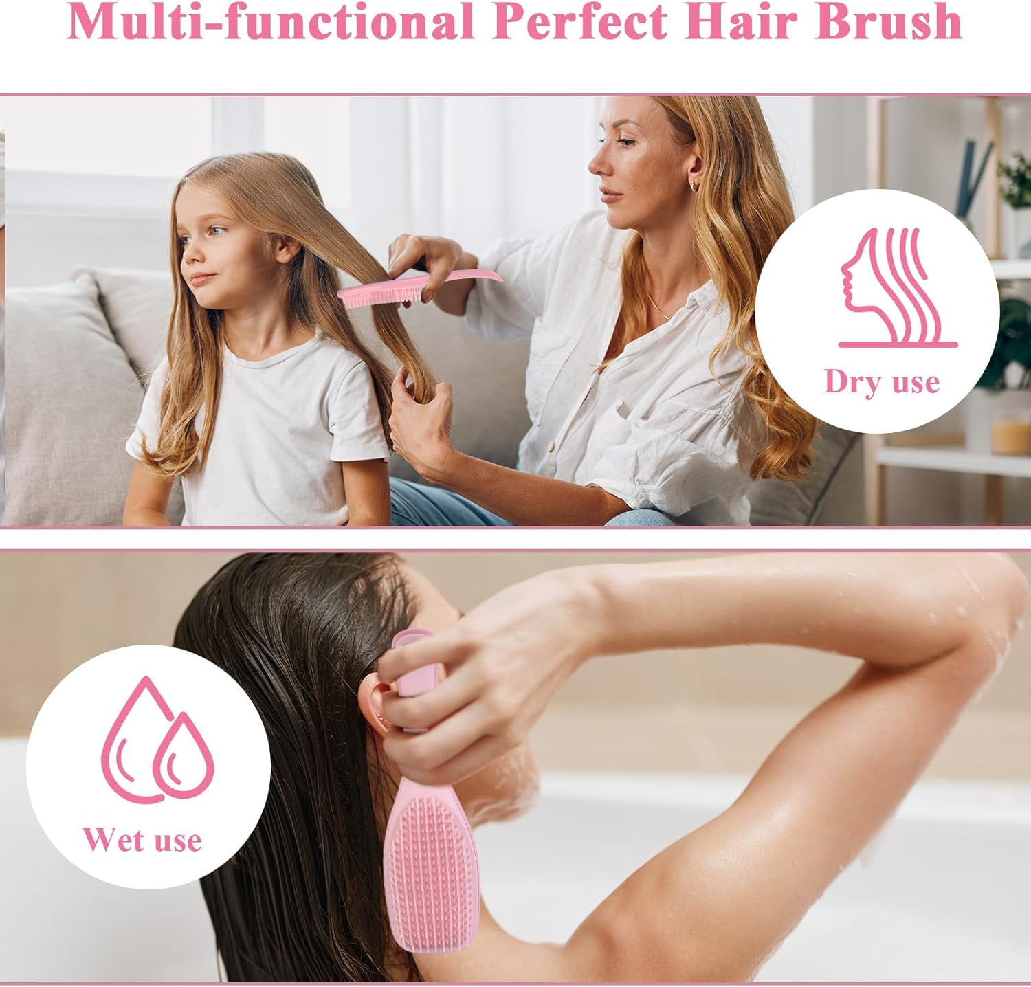 Hair Brush Wet Detangler Hairbrush Curly Hair Brush Defining, Volume Brush for Curly Hair, Detangling Hair Brush Gentle on Wet Hair Two-Tiered Teeth Comfortable Handle Hair Brush for Girl Women(Pink)
