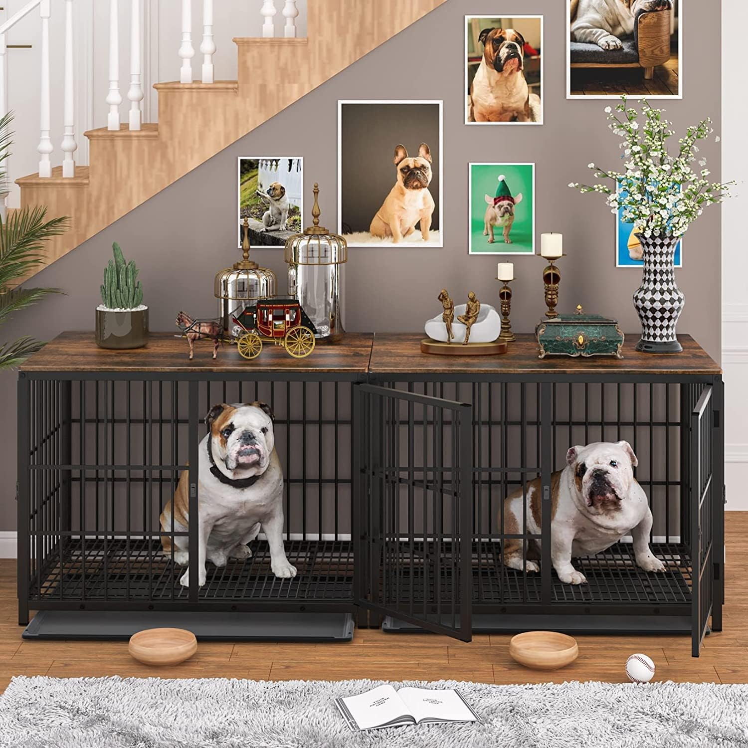 Bingopaw Heavy Duty Dog Crate Furniture: 72Inch Chew Resistant TV Stand Style Doggie Metal Crate with 3 Doors - inside Dogs Wooden Training Cages with Wire Bottom Removable Tray, Black image number 6