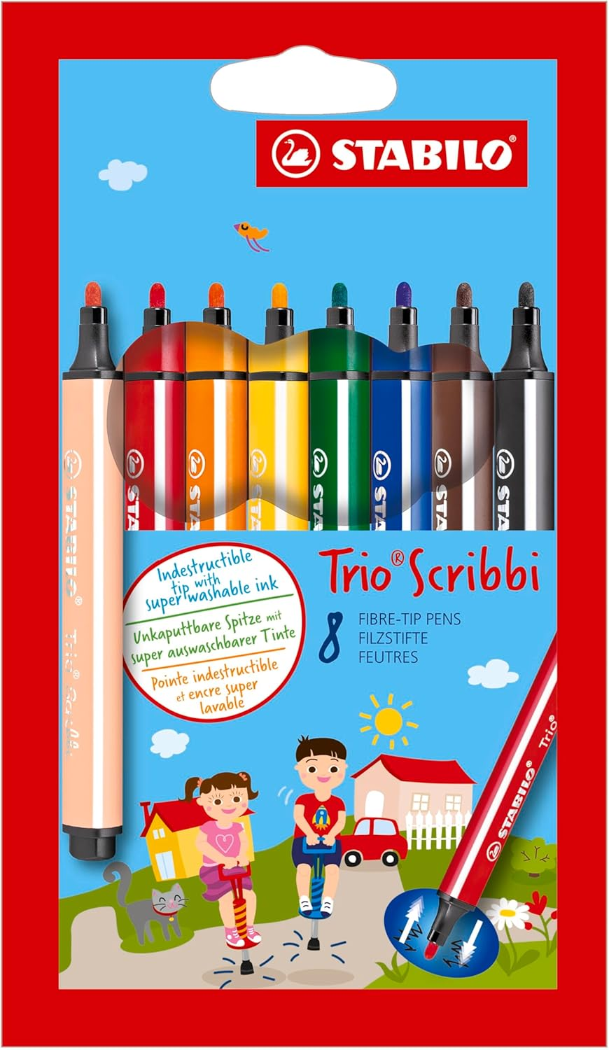 STABILO Trio Scribbi Felt Tip Pen - Wallet of 8 Assorted Colours image number 1
