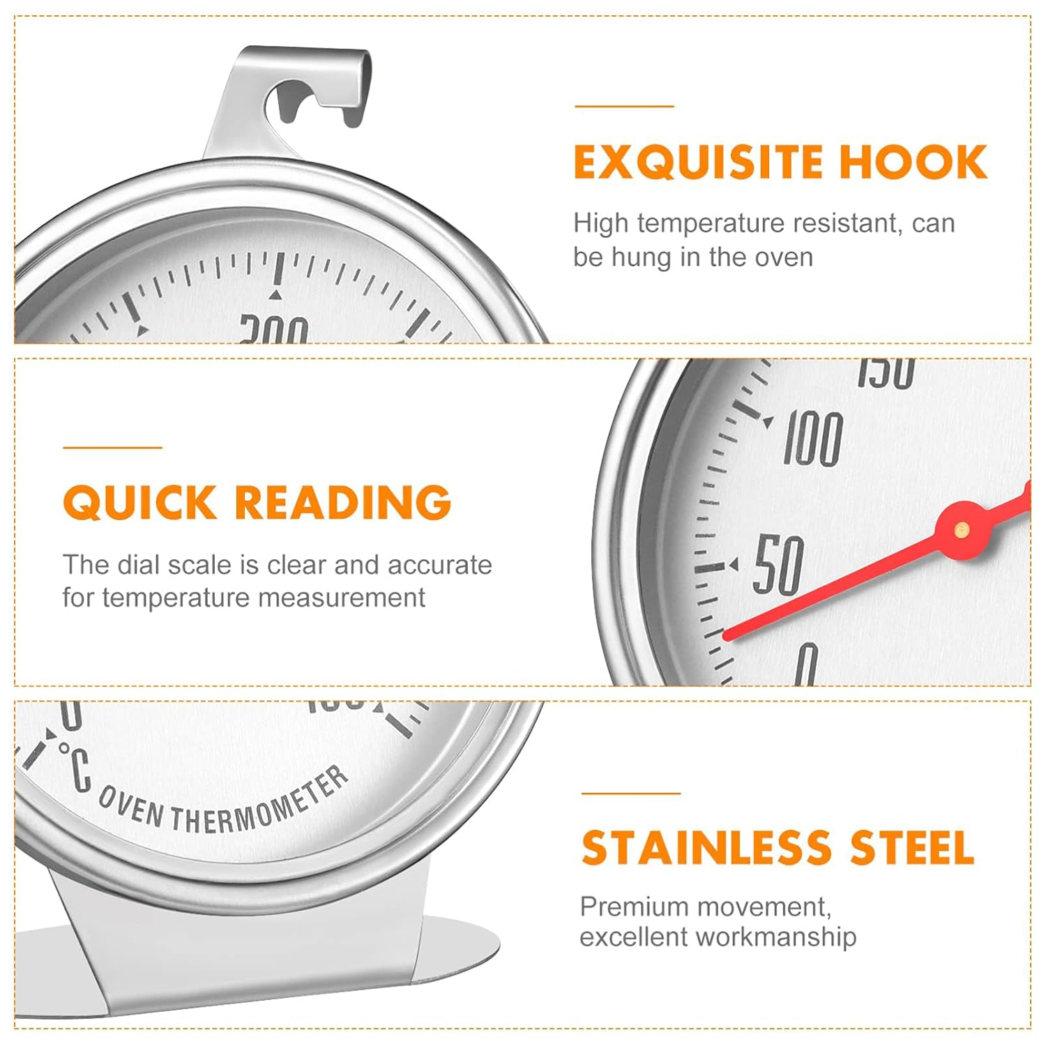 Oven Thermometer, 0-400&deg;C, Oven Grill Fry Chef Smoker Analog Thermometer Instant Read Stainless Steel Kitchen Cooking Thermometer image number 2