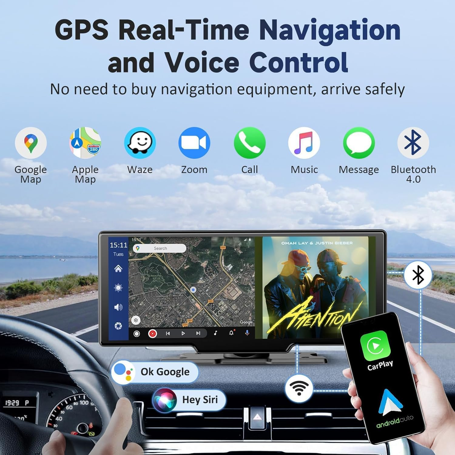 10.26'' Wireless Portable Carplay Screen for Car, Carplay & Android Auto Car Touch Stereo, with 4K Dash Cam, Backup Camera,Bluetooth, Voice Control, GPS Navigation (10.26Inch with 64GB TF Card) image number 2