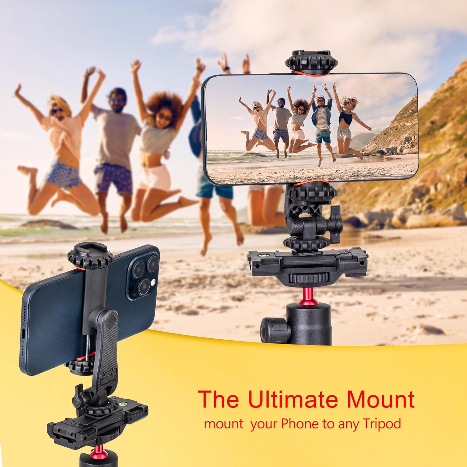 Zeadio Smartphone Tripod Mount Adapter, Cell Phone Tripod Holder Clamp with Triple Cold-Shoe Mount for All Iphone and Android Smartphones Light Microphone Etc