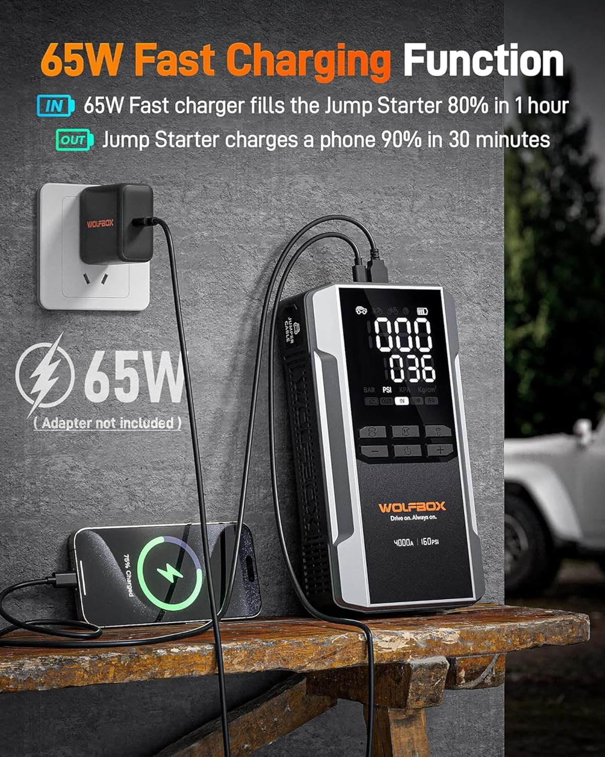 WOLFBOX Jump Starter with Air Compressor 4000A, Portable Tire Inflator, 160PSI, 65W Fast Charge, LED Display, 12V Car Battery(10L Gas & Diesel Engines) with Booster, LED Light, Jumper Cables image number 6