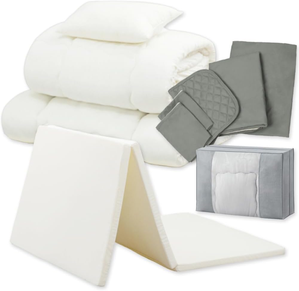 Iris Ohyama KFS-R-M10S 10-Piece Futon Set with Ready-To-Use High-Density Mattress Updated for Improved Sleeping, High Density Urethane 25D, Extra Filling, Storage Bag with Handle, Single Ash/White image number 4