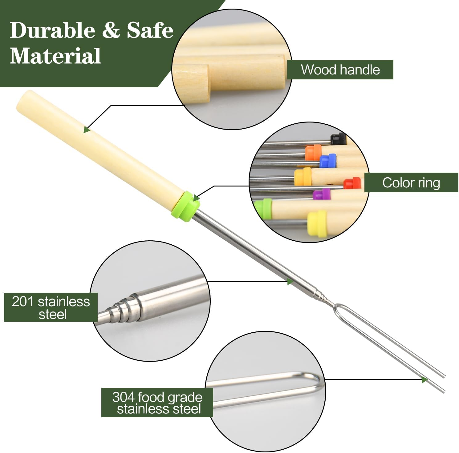 8 Pack Marshmallow Roasting Sticks Set, Extendable 32In Long Metal Barbecue Skewers with Wooden Handle, for Marshmallow, Hot Dogs, Camping, BBQ, Grill(8 Pack) image number 1