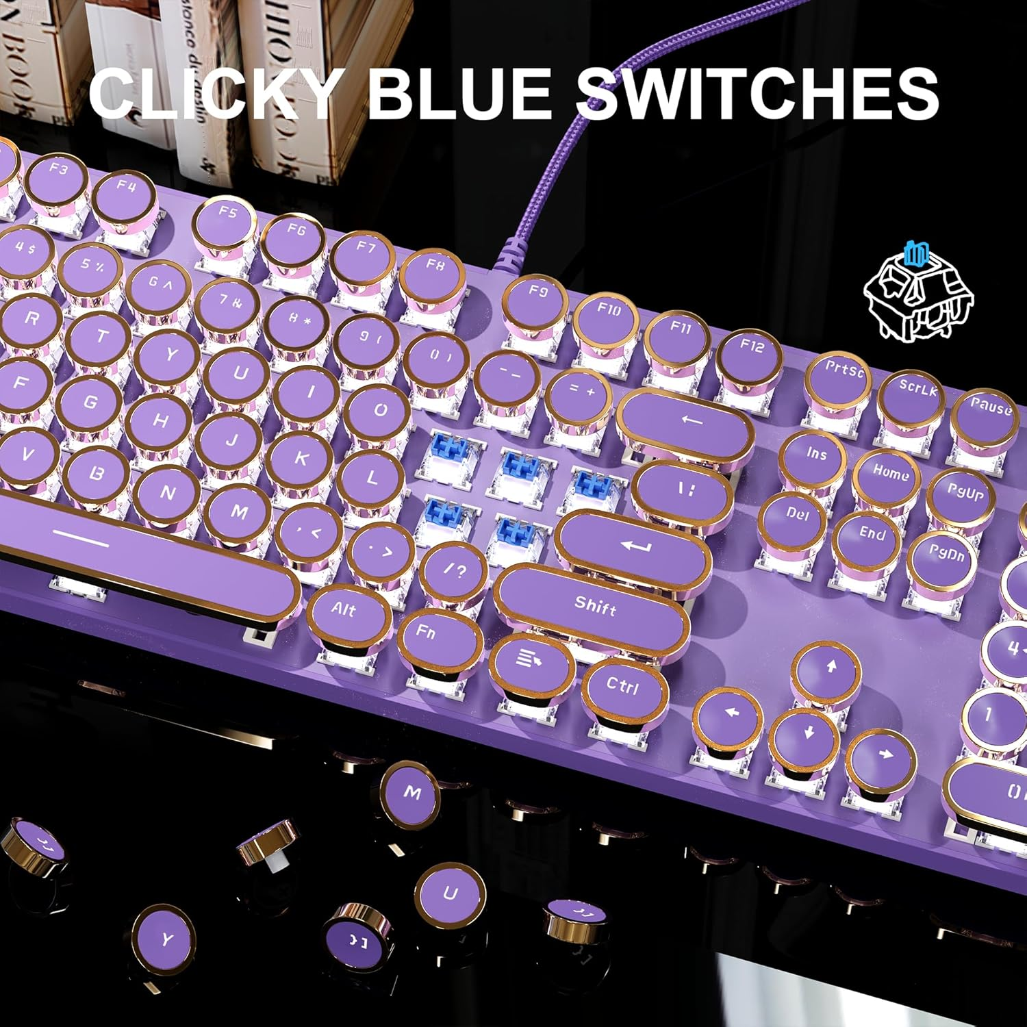 Magegee Typewriter Mechanical Gaming Keyboard, Retro Punk Purple round Keycaps, 104 Keys LED White Backlit Wired Keyboards for Laptop MAC PC Gamer, with Magnetic Wrist Rest, Blue Switch image number 6