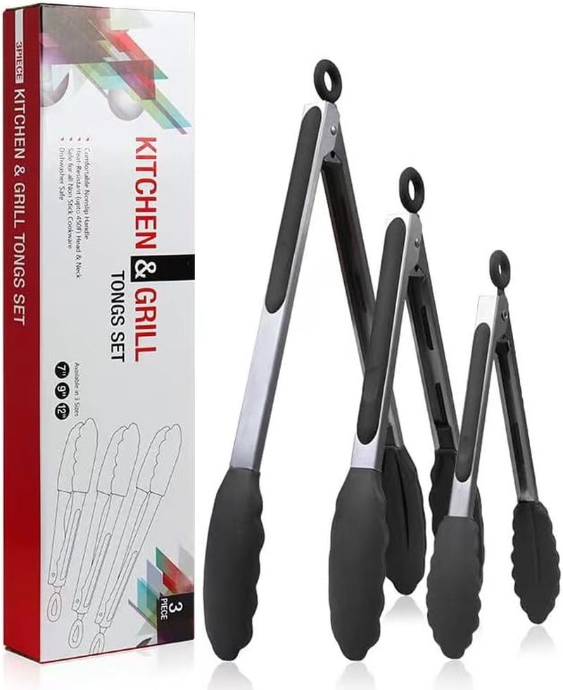 3 Pack Kitchen Tongs,Premium Silicone BPA Free,Food Tongs with Non-Slip Silicone Tips and Grip for Cooking, Baking and Bbq(18Cm & 23Cm & 30Cm) ﻿ (3 Pack Silicone Tongs)