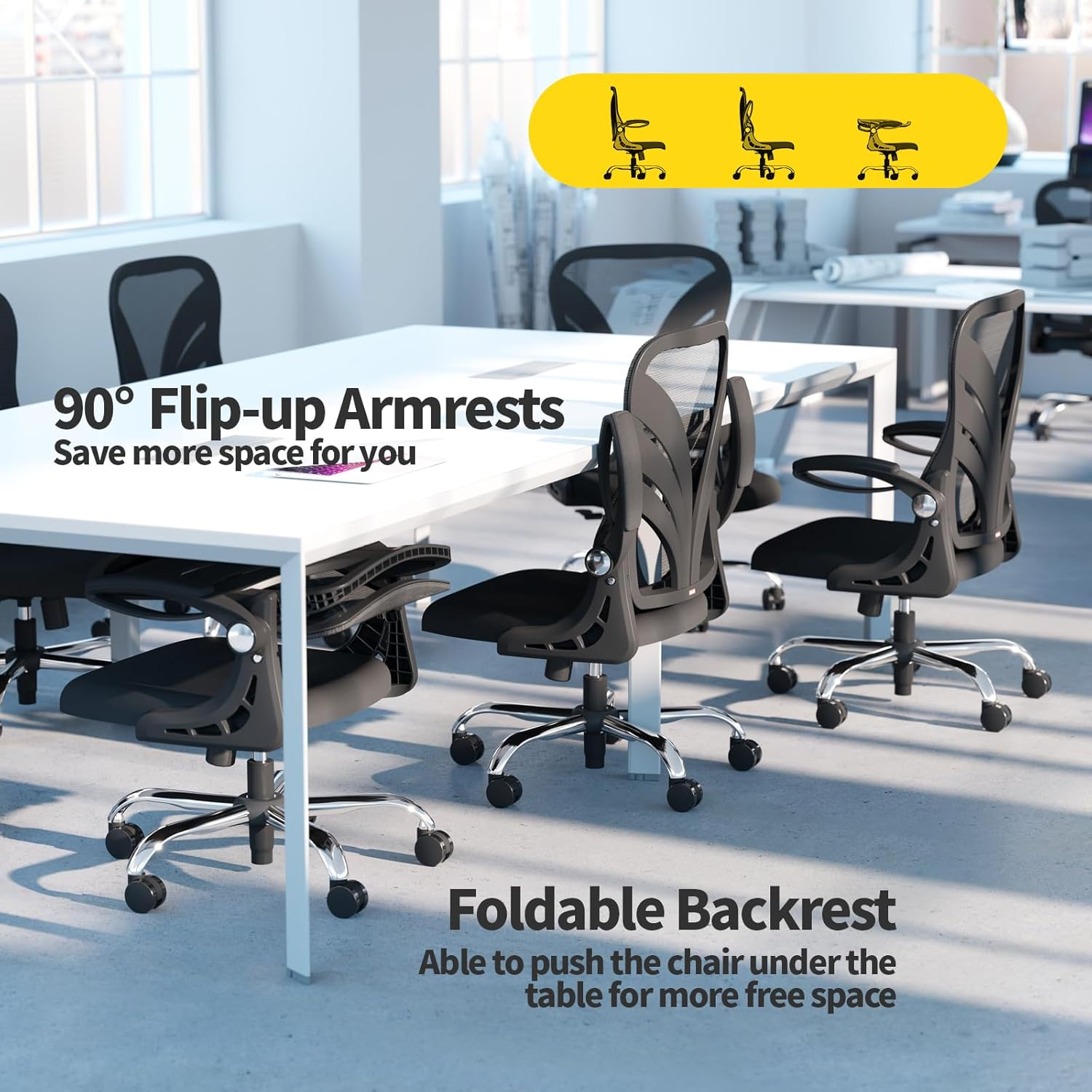 Ergonomic Office Chair with Foldable Backrest, Computer Desk Chair with Flip-Up Armrests, Mesh Lumbar Support and Tilt Function Big and Tall Office Chair, Black image number 2