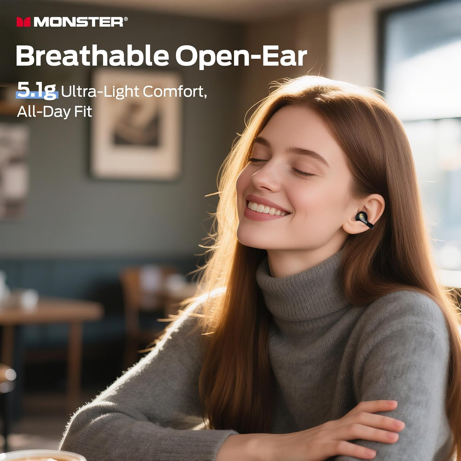 Monster Open Ear AC225 Headphones, Bluetooth 6.0 Wireless Earbuds, Stereo Sound, Lightweight Comfort Clip-On Earbuds with ENC Mic for Clear Calls, 36H Playtime, Touch Control, IPX6 Waterproof, Black image number 5