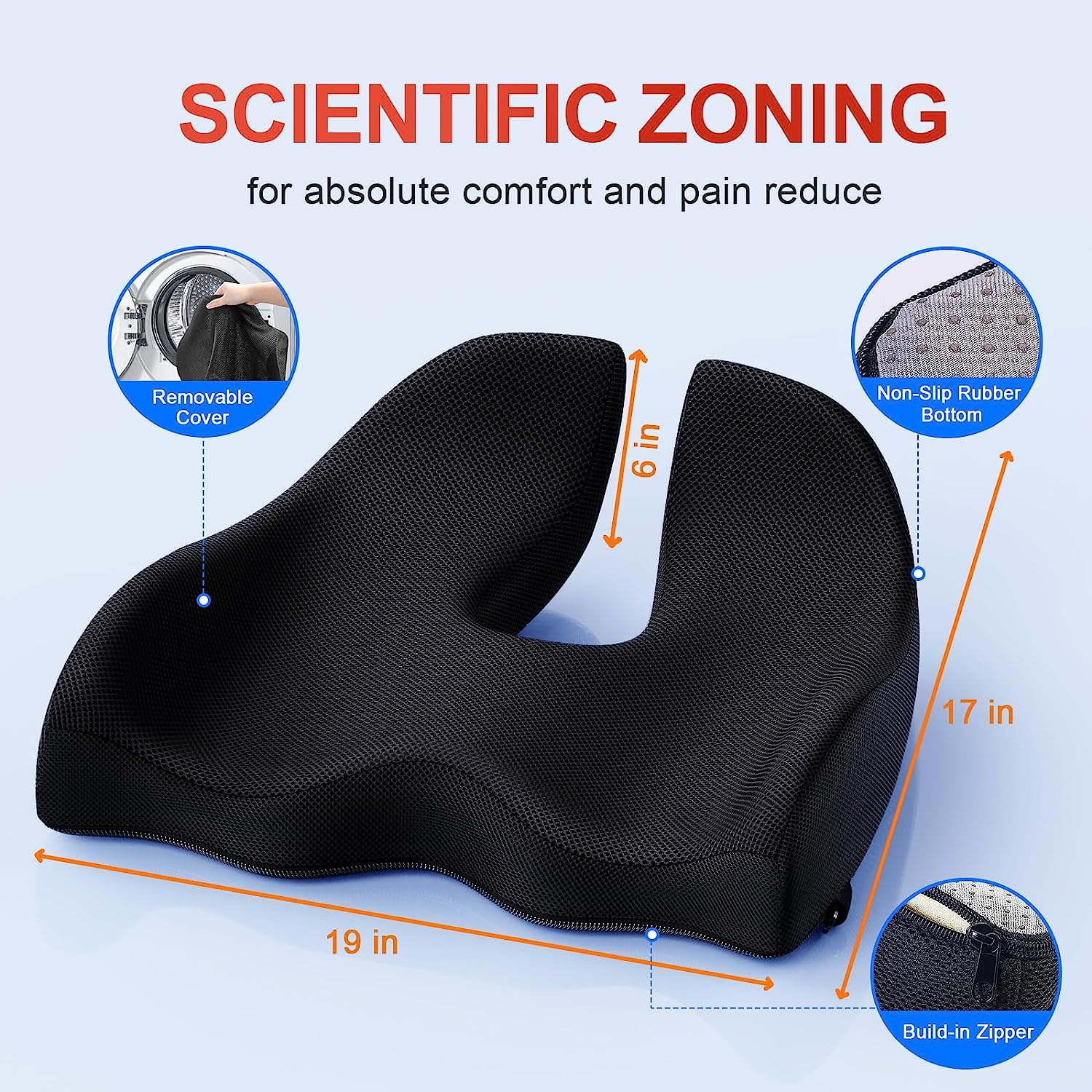 Benazcap with Extra Cover Memory Seat Cushion for Office Chair, Ergonomic Cushions Butt Pillow for Sciatica & Tailbone Pain Relief for Long Sitting for Gaming Chair and Car Seat image number 4